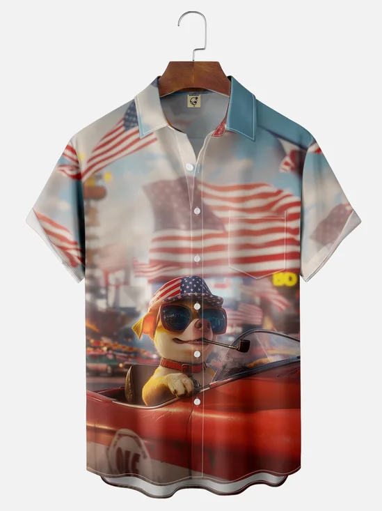 Moisture-wicking American Flag Pig Chest Pocket Casual Shirt