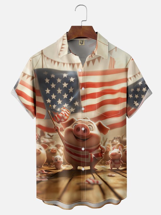 Moisture-wicking American Flag Pig Chest Pocket Casual Shirt