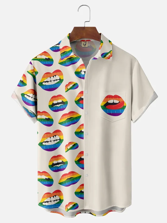 Moisture-wicking LGBT Pride Month Rainbow Lips Chest Pocket Casual Shirt