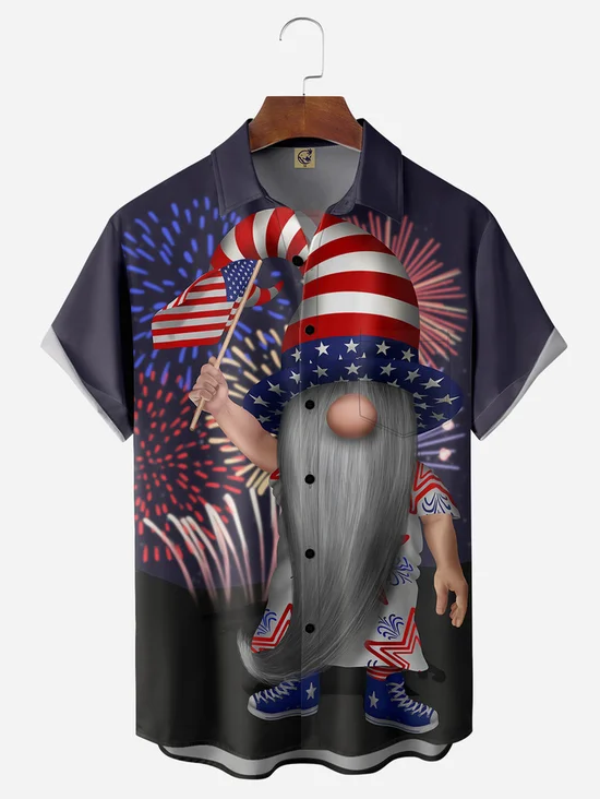 Tall Size Moisture-wicking American Flag Gnome Chest Pocket Casual Shirt