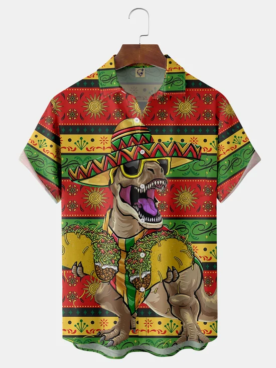 Tall Size Moisture-wicking Cinco de Mayo Dinosaur Taco Chest Pocket Hawaiian Shirt