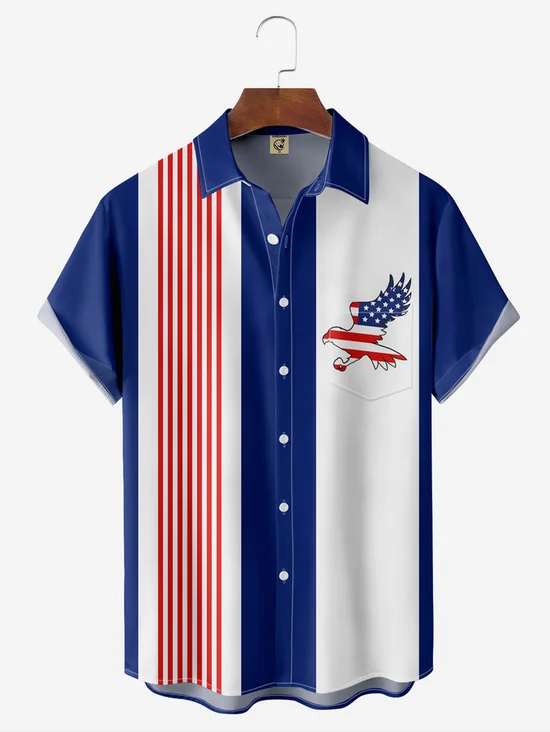 Tall Size Moisture-wicking American Eagle Chest Pocket Bowling Shirt