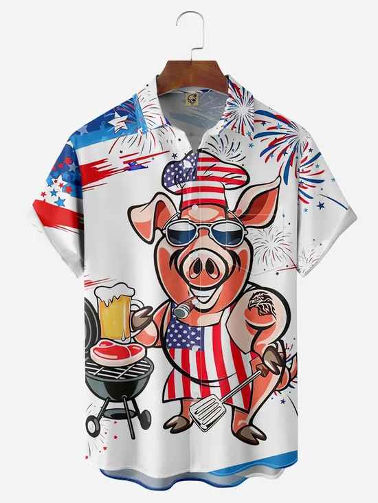 Tall Size American Flag Chef Pig Cooker Chest Pocket Short Sleeve Casual Shirt