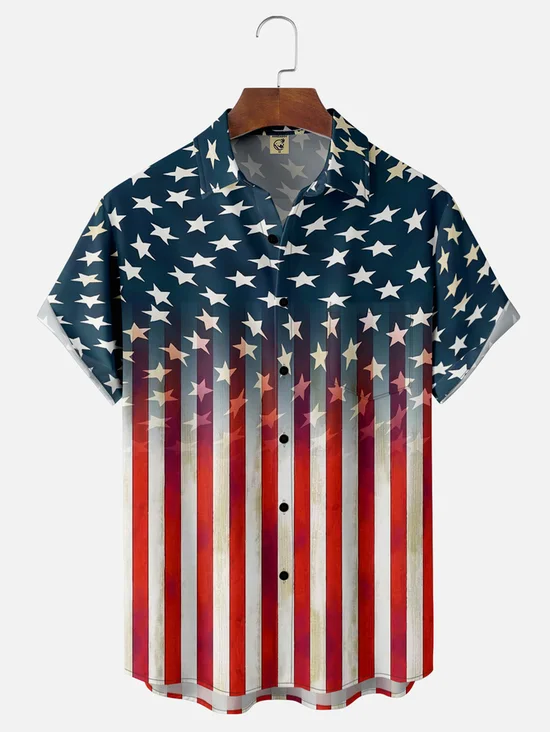 Tall Size Moisture-wicking American Flag Chest Pocket Casual Shirt