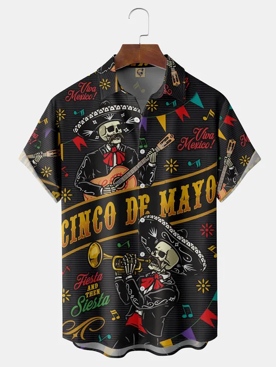 Tall Size Moisture-wicking Cinco de Mayo Day of the Dead Mexican Skull Guitar Chest Pocket Casual Shirt