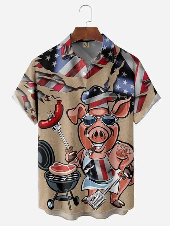 Tall Size Moisture-wicking American Flag Barbecue Chef Pig Chest Pocket Hawaiian Shirt