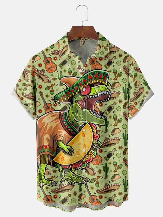Tall Size Moisture-wicking Cinco de Mayo Dinosaur Taco Chest Pocket Casual Shirt