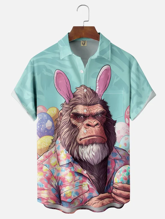 Tall Size Moisture-wicking Easter Bigfoot Bunny Chest Pocket Casual Shirt