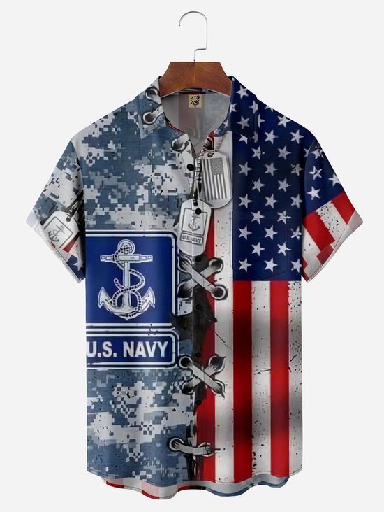 Tall Size Moisture-wicking Memorial Day US Navy Chest Pocket Casual Shirt