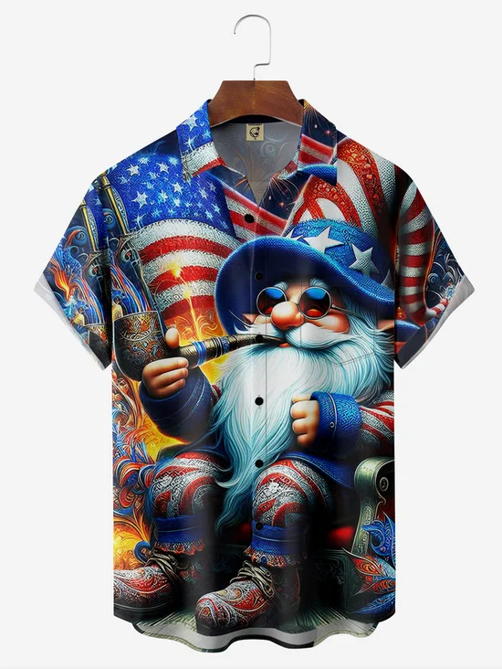 Tall Size Moisture-wicking American Flag Gnome Chest Pocket Hawaiian Shirt