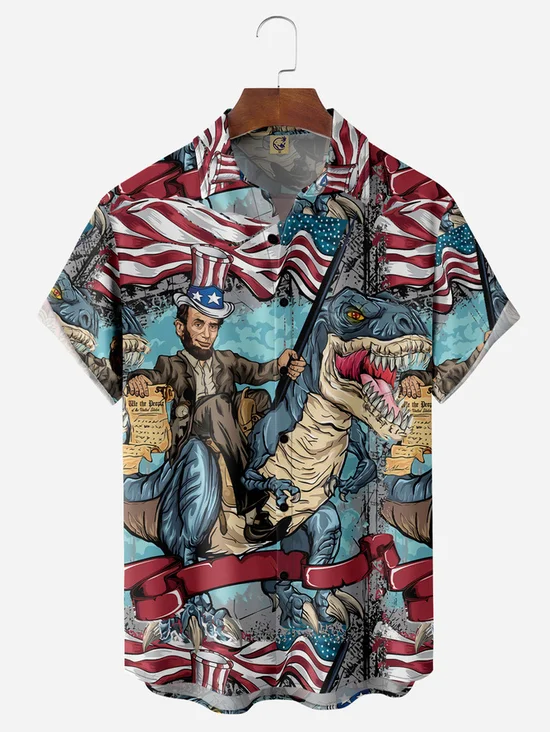 Tall Size Moisture-wicking American Dinosaur President Chest Pocket Casual Shirt