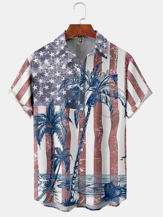 Tall Size Moisture-wicking American Flag Palm Tree Chest Pocket Hawaiian Shirt