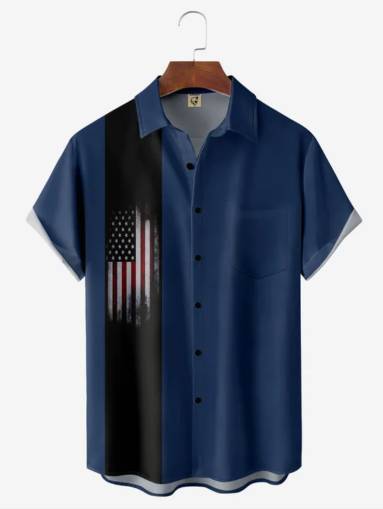 Tall Size Moisture-wicking American Flag Chest Pocket Bowling Shirt