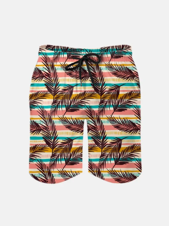 Men's Swim Trunks Hawaiian Tropical Leaves Striped Beach Shorts with Pockets