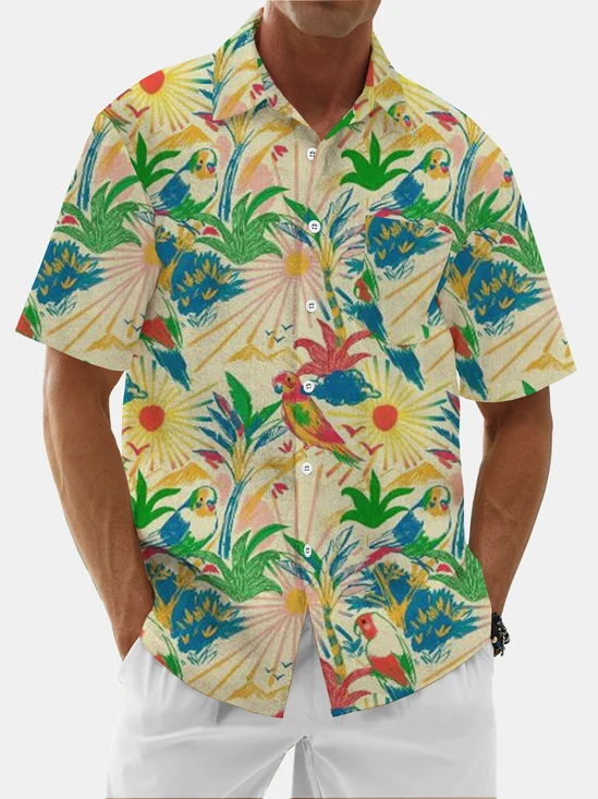 Moisture Wicking Floral Parrot Chest Pocket Casual Hawaiian Shirt
