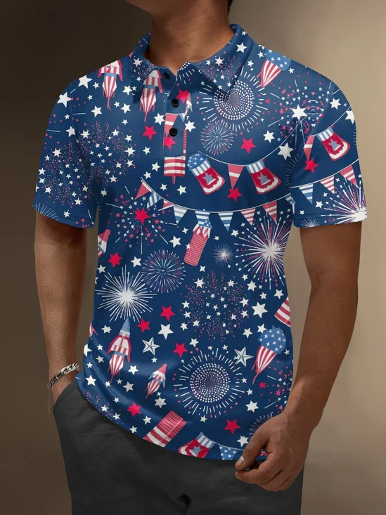 Moisture Wicking Independence Day American Flag Fireworks Golf Polo