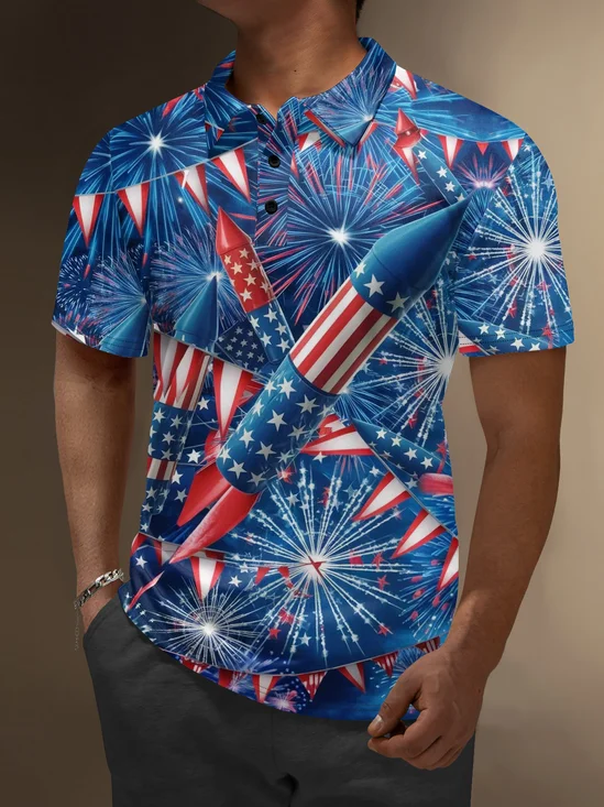 Moisture Wicking Independence Day American Flag Fireworks Golf Polo