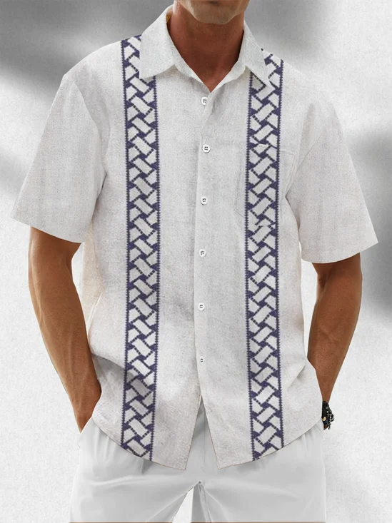 Moisture Wicking Stripes Chest Pocket Casual Guayabera Shirt