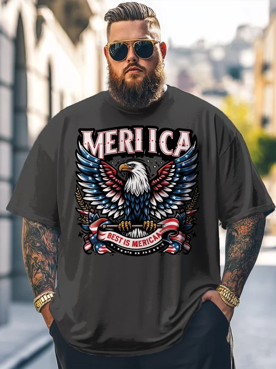 Big Size Men's Independence Day Bald Eagle Art USA Loose T-shirt