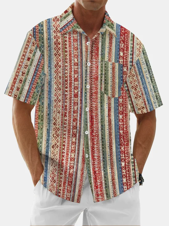 Moisture Wicking Striped Chest Pocket Casual Hawaiian Shirt