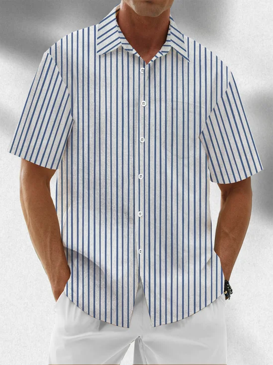 Moisture Wicking Striped Chest Pocket Casual Hawaiian Shirt