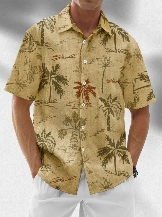 Moisture Wicking Coconut Tree Floral Chest Pocket Casual Hawaiian Shirt