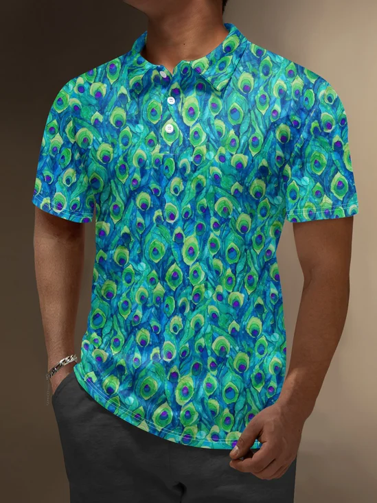 Moisture Wicking Peacock Feather Animal Print Golf Polo