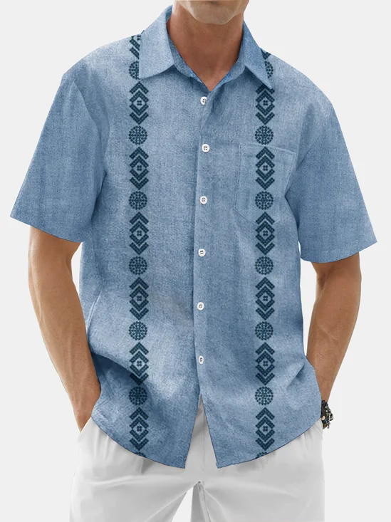 Moisture Wicking Stripes Chest Pocket Casual Guayabera Shirt