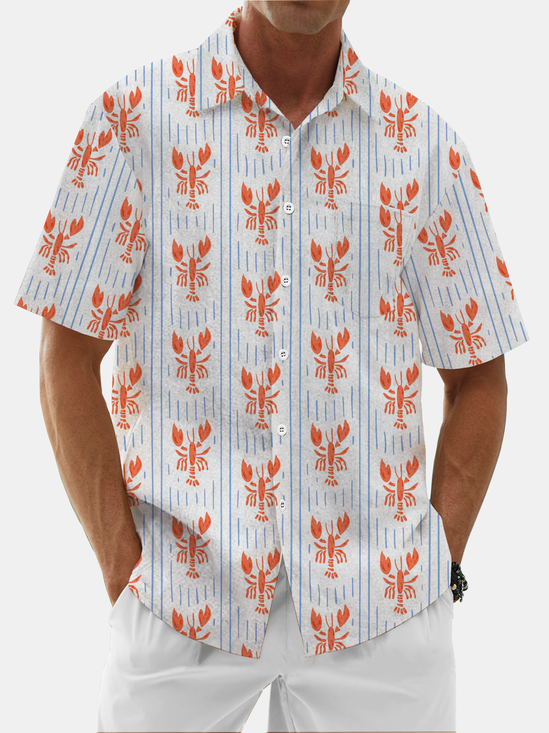 Moisture Wicking Striped Lobster Chest Pocket Casual Hawaiian Shirt