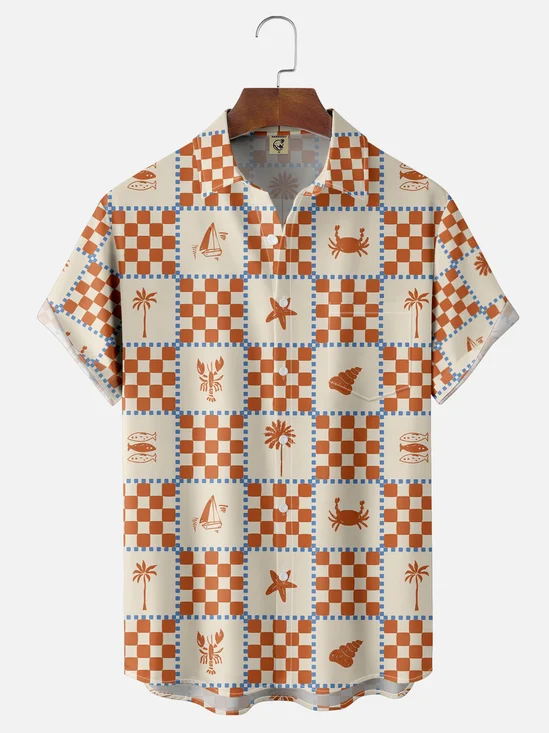 Moisture Wicking Geometric Flowers Ocean Animals Chest Pocket Hawaiian Shirt