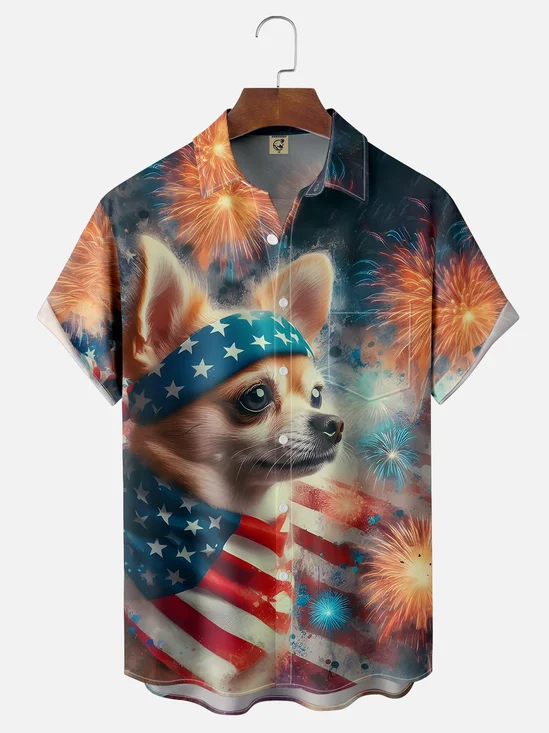 Moisture-wicking Independence Day American Flag Puppy Art Chest Pocket Casual Shirt