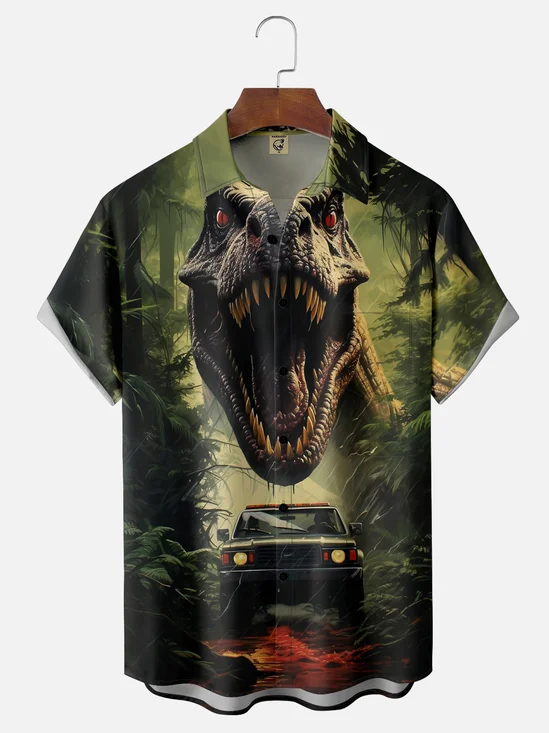 Moisture-wicking Dinosaur Art Fun Chest Pocket Hawaiian Shirt