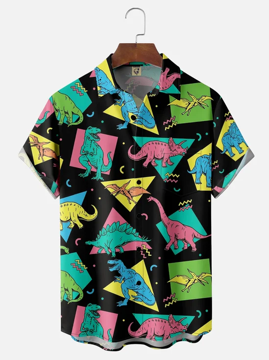 Moisture Wicking Geometric Dinosaur Chest Pocket Hawaiian Shirt