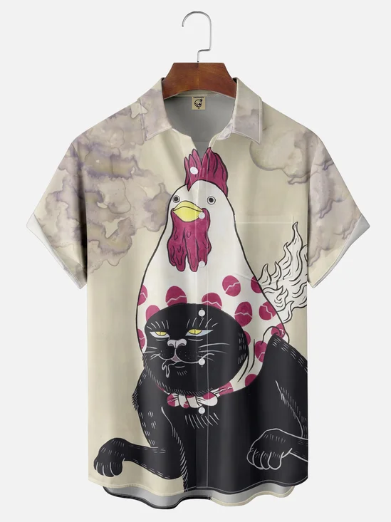 Moisture Wicking Funny Cat Chicken Chest Pocket Hawaiian Shirt