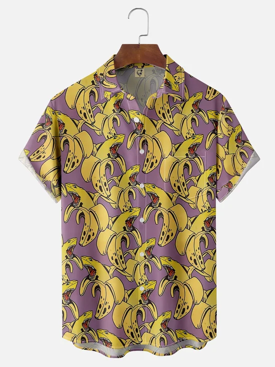 Moisture Wicking Banana Shark Chest Pocket Hawaiian Shirt