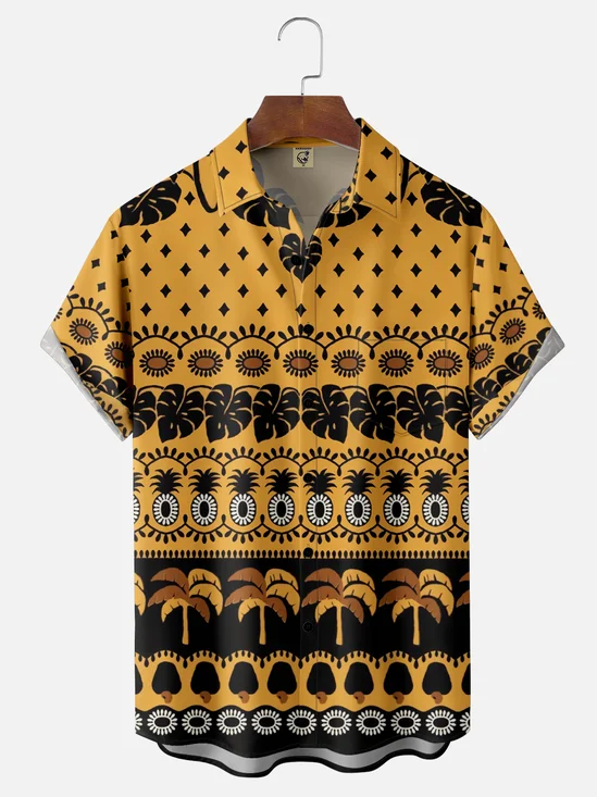 Moisture Wicking Striped Floral Coconut Tree Chest Pocket Hawaiian Shirt