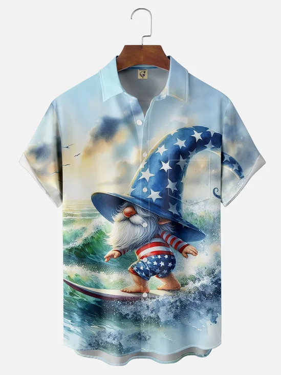 Moisture-wicking American Flag Midget Surfer Independence Day Chest Pocket Casual Shirt