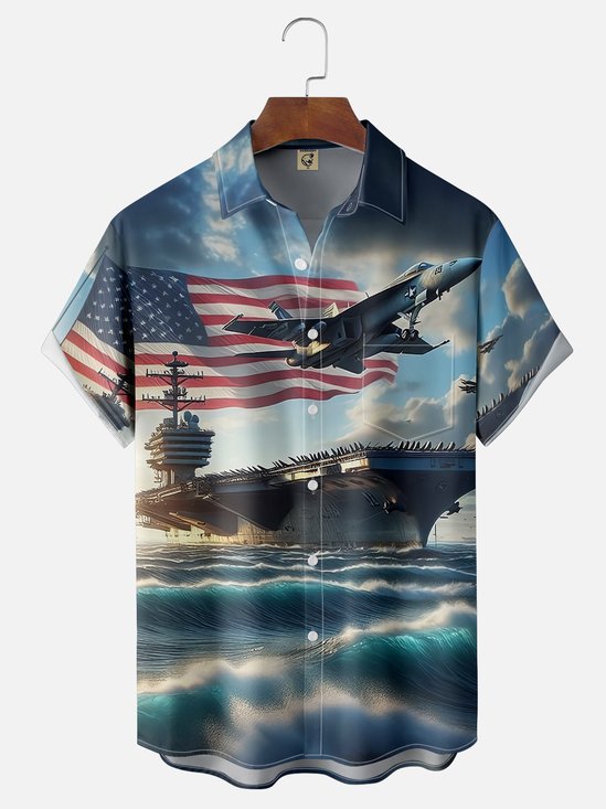 Moisture-wicking Memorial Day Navy Aircraft Carrier American Flag Chest Pocket Casual Shirt