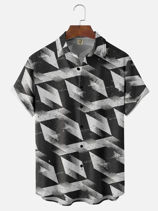 Moisture Wicking Geometric Lines Chest Pocket Hawaiian Shirt