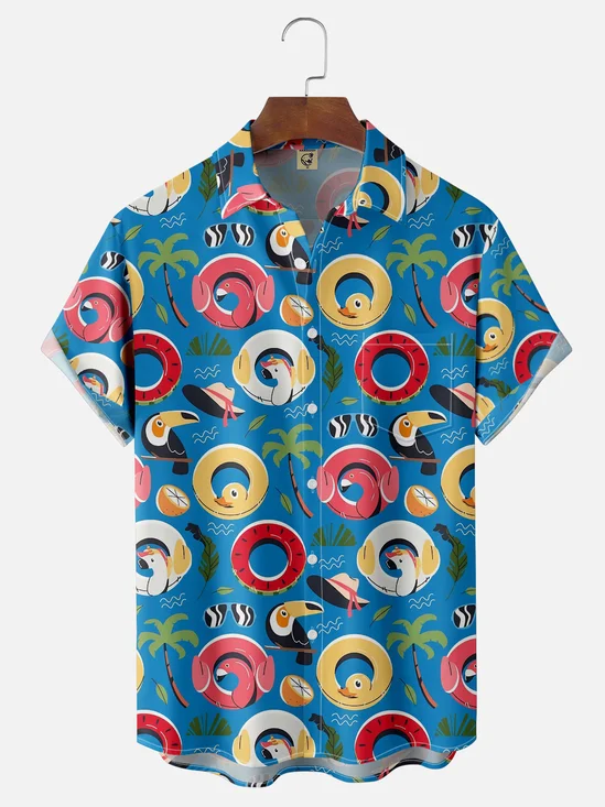 Moisture Wicking Plants Flowers Toucan Chest Pocket Hawaiian Shirt