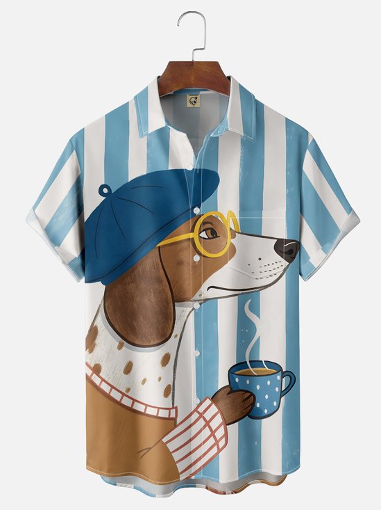 Moisture Wicking Striped Dog Chest Pocket Hawaiian Shirt