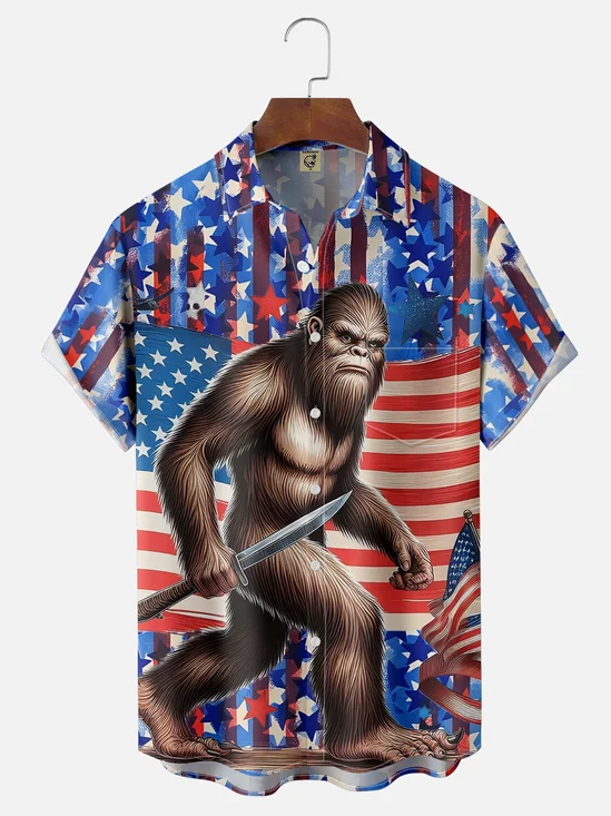 Moisture-wicking American Flag Bigfoot Art Independence Day Chest Pocket Casual Shirt