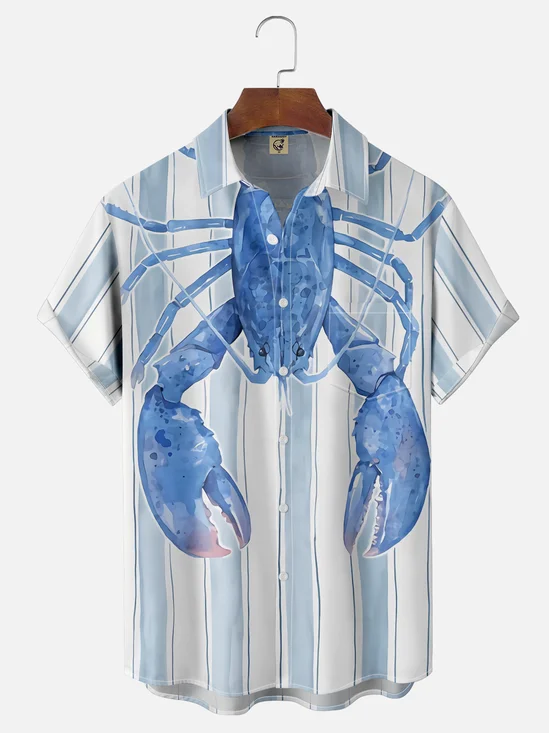 Moisture Wicking Striped Lobster Chest Pocket Hawaiian Shirt