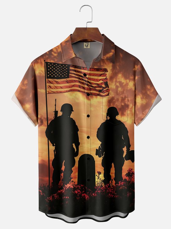 Moisture-wicking Memorial Day Soldier American Flag Chest Pocket Casual Shirt