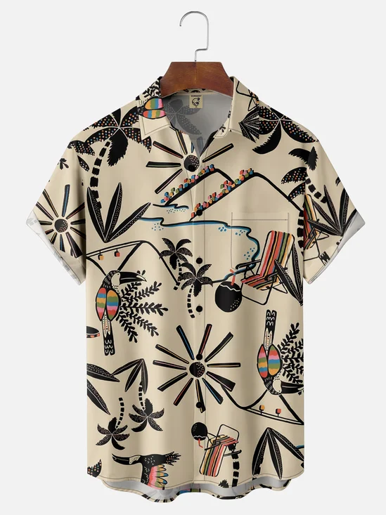 Moisture Wicking Plants Flowers Toucan Chest Pocket Hawaiian Shirt