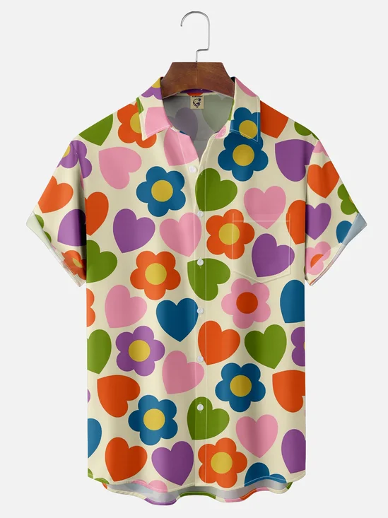 Moisture Wicking Heart Flower Chest Pocket Hawaiian Shirt