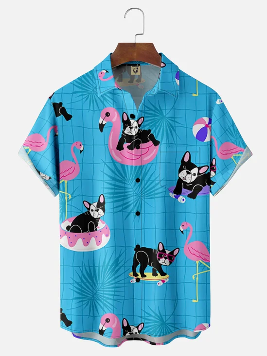 Moisture Wicking Pool Dog Flamingo Chest Pocket Hawaiian Shirt