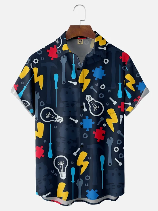 Moisture-wicking Robot Fun Smart Lightning Chest Pocket Casual Shirt