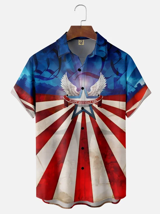 Moisture-wicking American Flag Day Stars Chest Pocket Casual Shirt