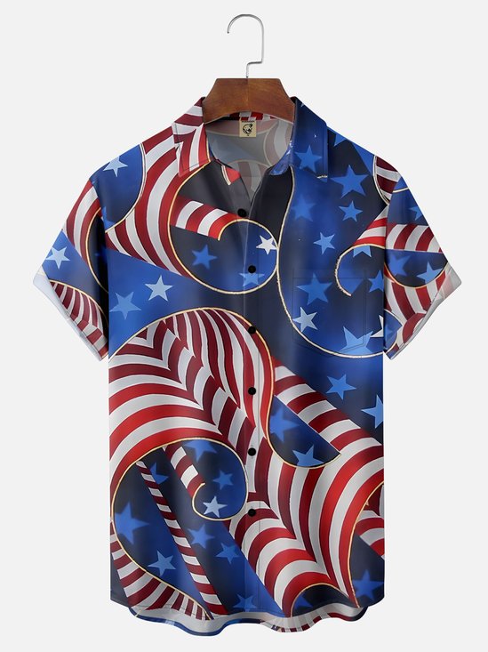 Moisture-wicking Independence Day American Flag Art Chest Pocket Casual Shirt